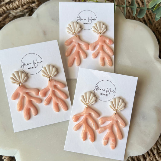 Coral Marbled Reef with White Seashell Polymer Clay Earrings, Lightweight Dangles, Coastal Beach Style