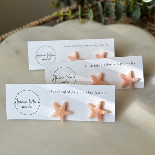 Coral Peach Marbled Starfish Polymer Clay Stud Earrings