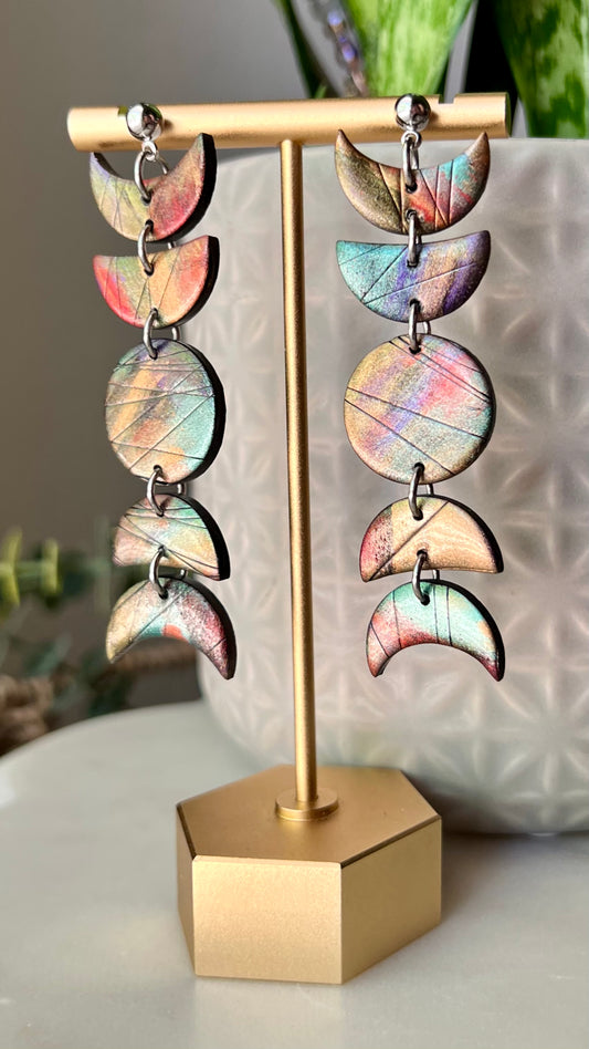 Labradorite Eclipse Statement Earrings, Moon Phase Polymer Clay Dangles, Lightweight