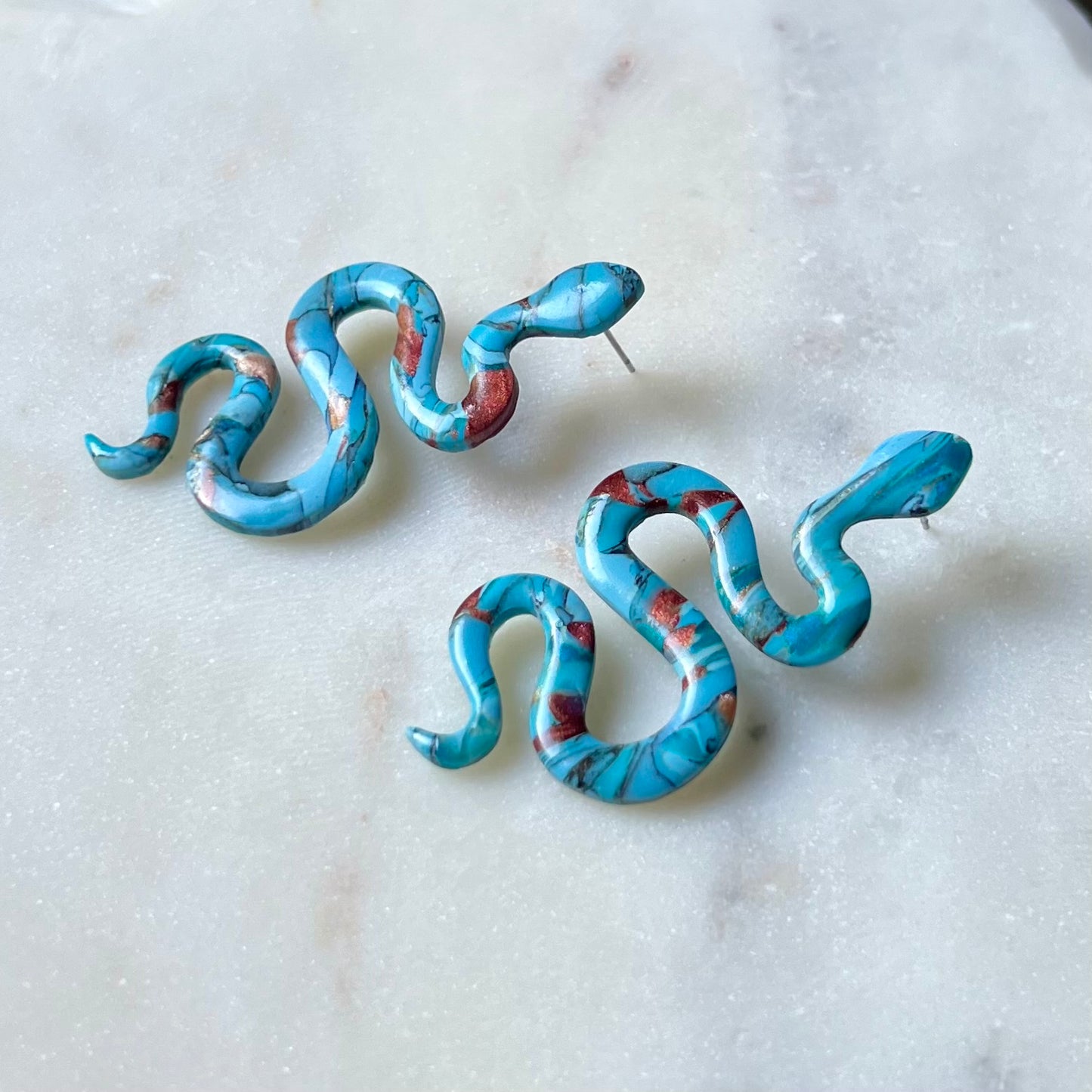 Turquoise Stone inspired Polymer Clay Snake Earrings with Stud Posts, lightweight, western style