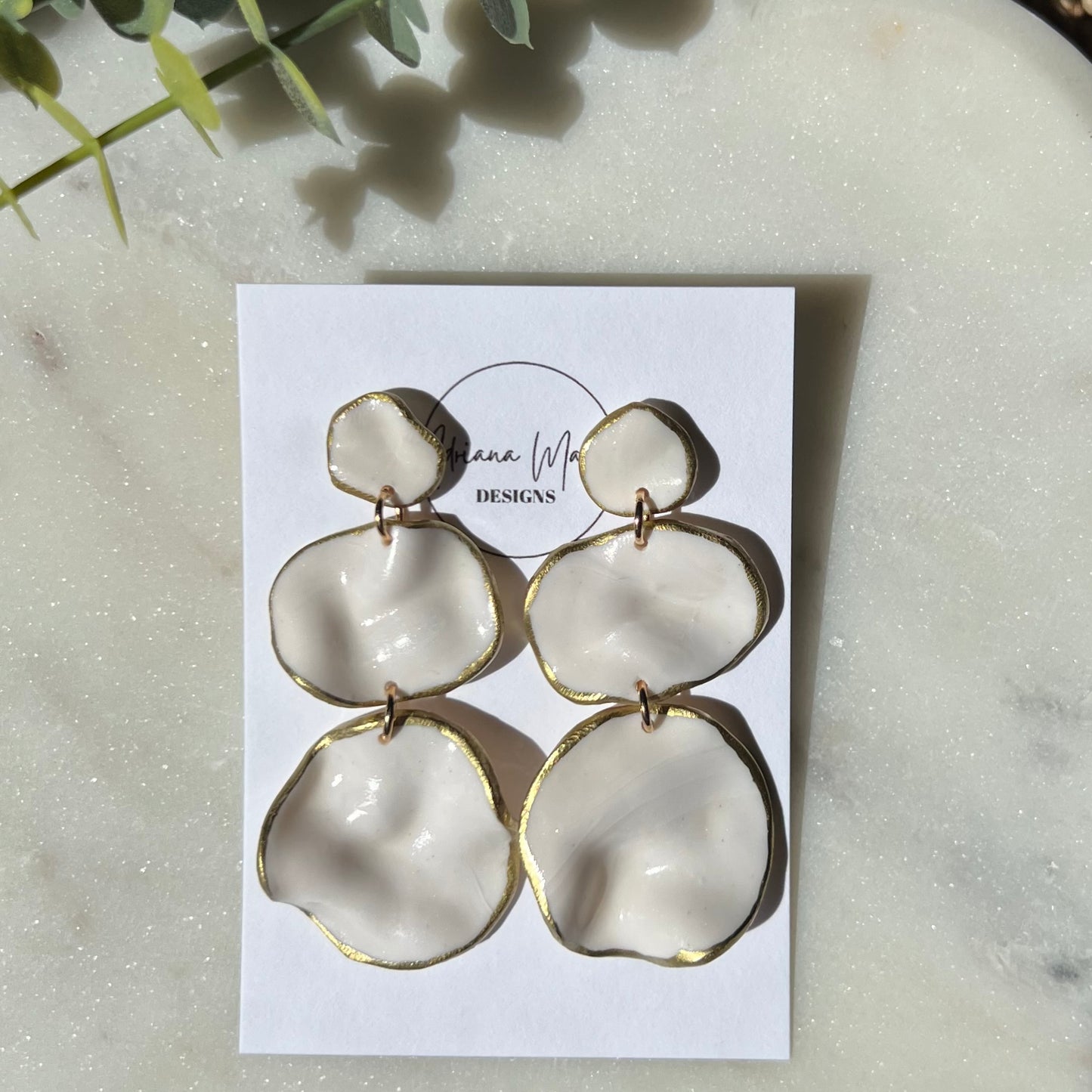 White Marbled Wavy Polymer Clay Statement Earrings with Gold Edging, Lightweight Dangles