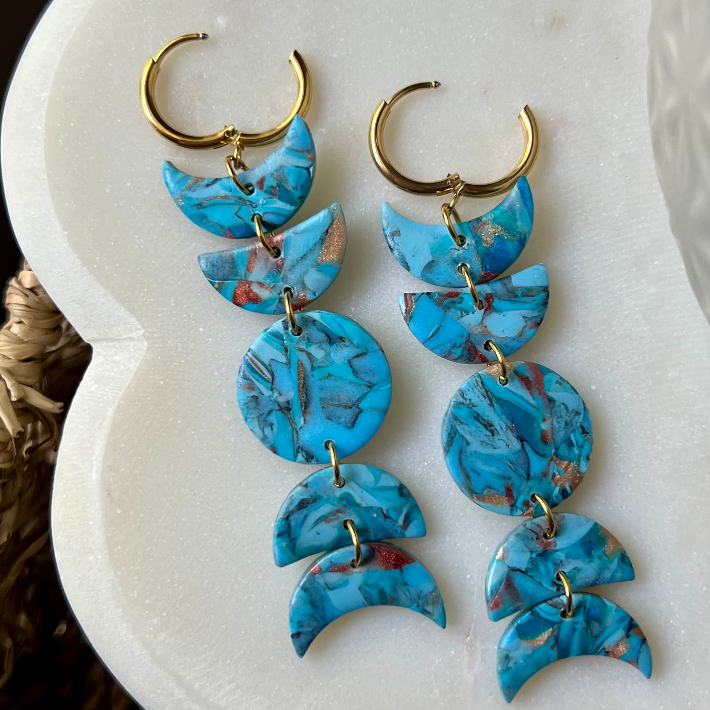 Turquoise Stone Moon Phase Polymer Clay Earrings, Huggie Hoops