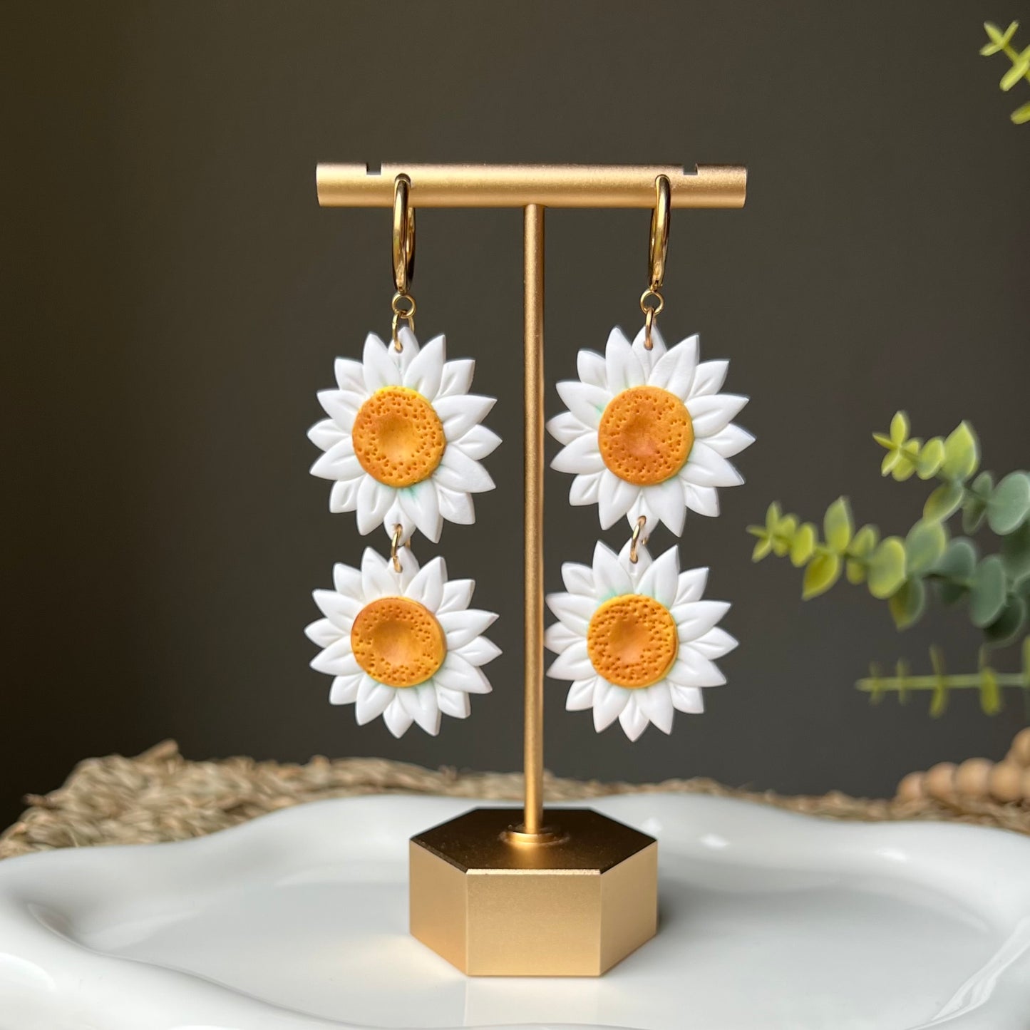 Large White Daisy Polymer Clay Earrings