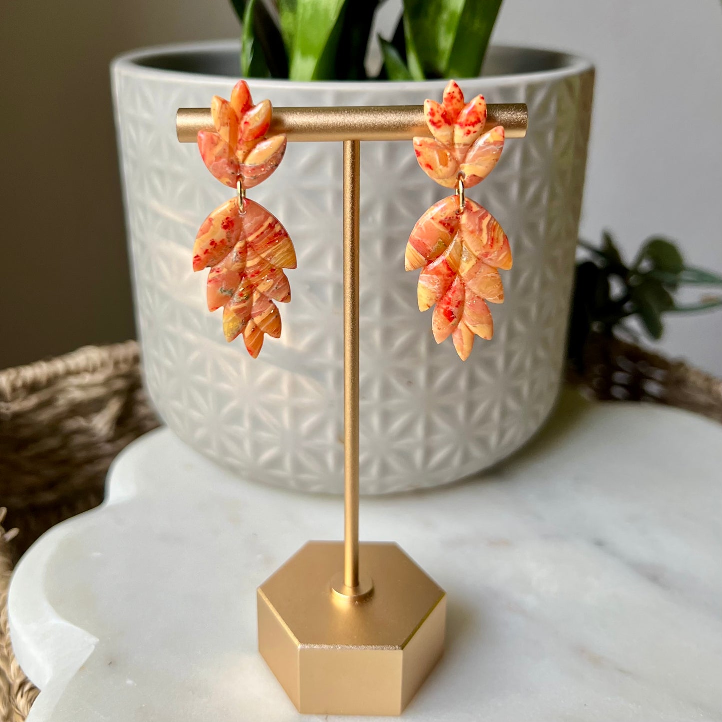 Golden Ember Leaf Polymer Clay Dangle Earrings