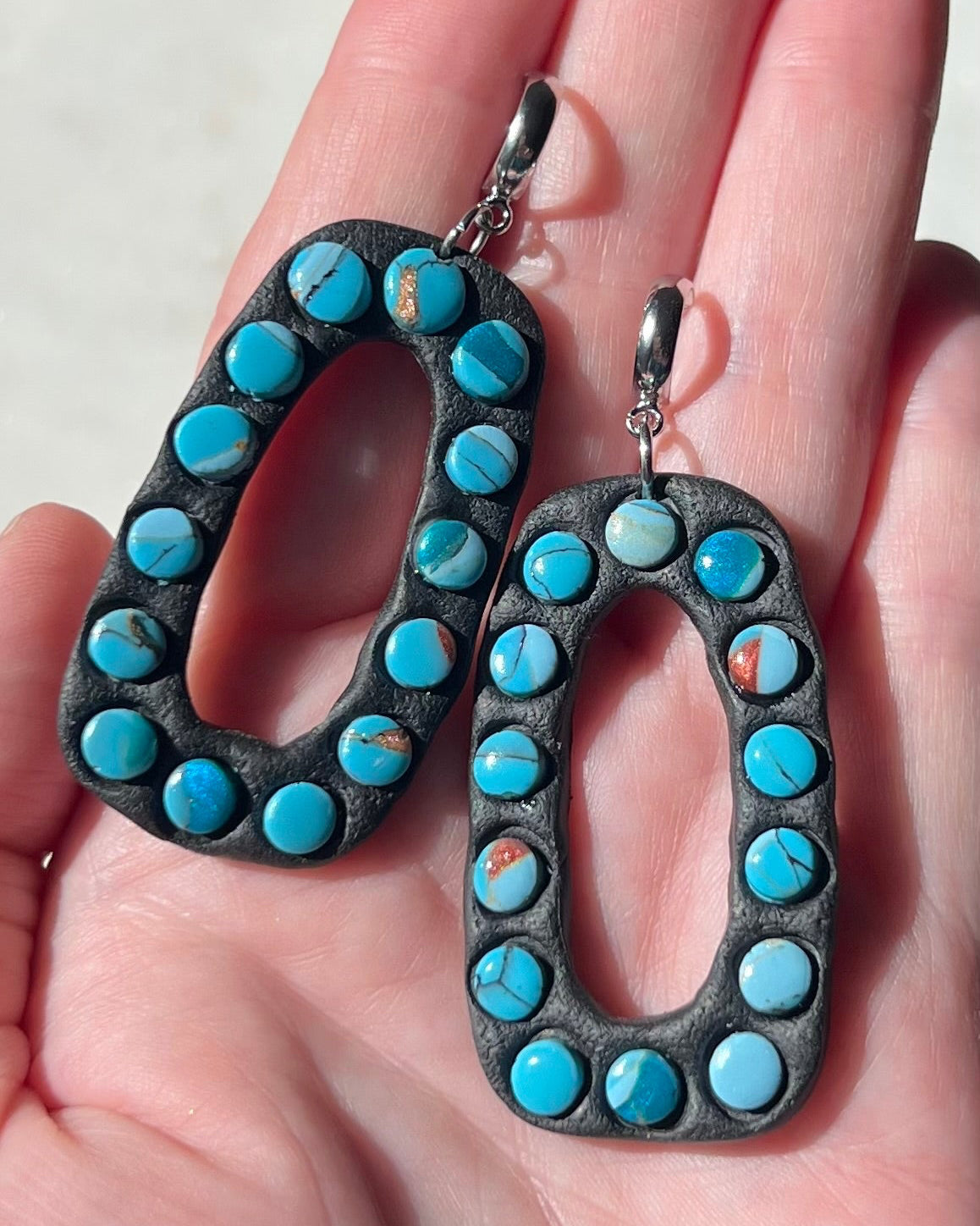 Turquoise Stone inspired Polymer Clay Bezel Statement Earrings, lightweight dangles, western style