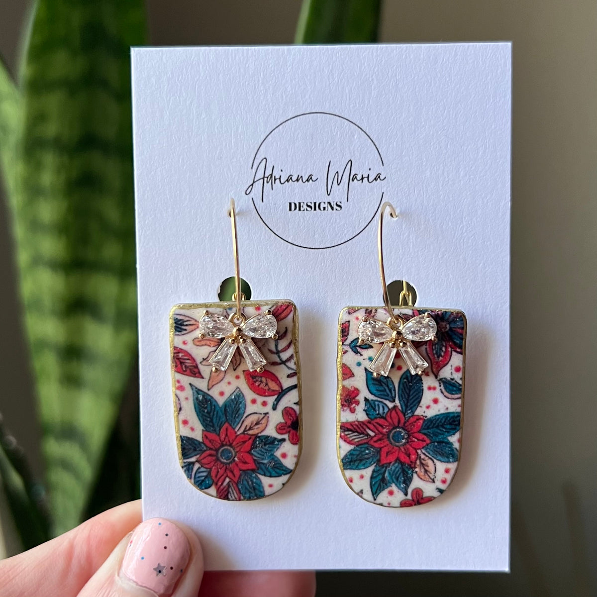 Festive Poinsettia Print Polymer Clay Earrings with CZ Bow Accent