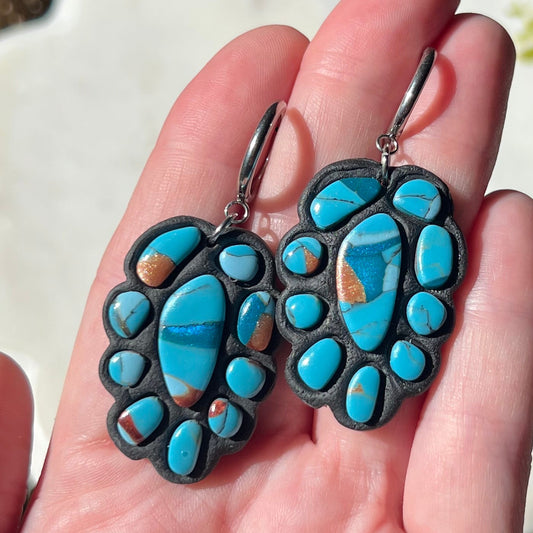 Turquoise Stone inspired Polymer Clay Bezel Statement Earrings, lightweight dangles, western style