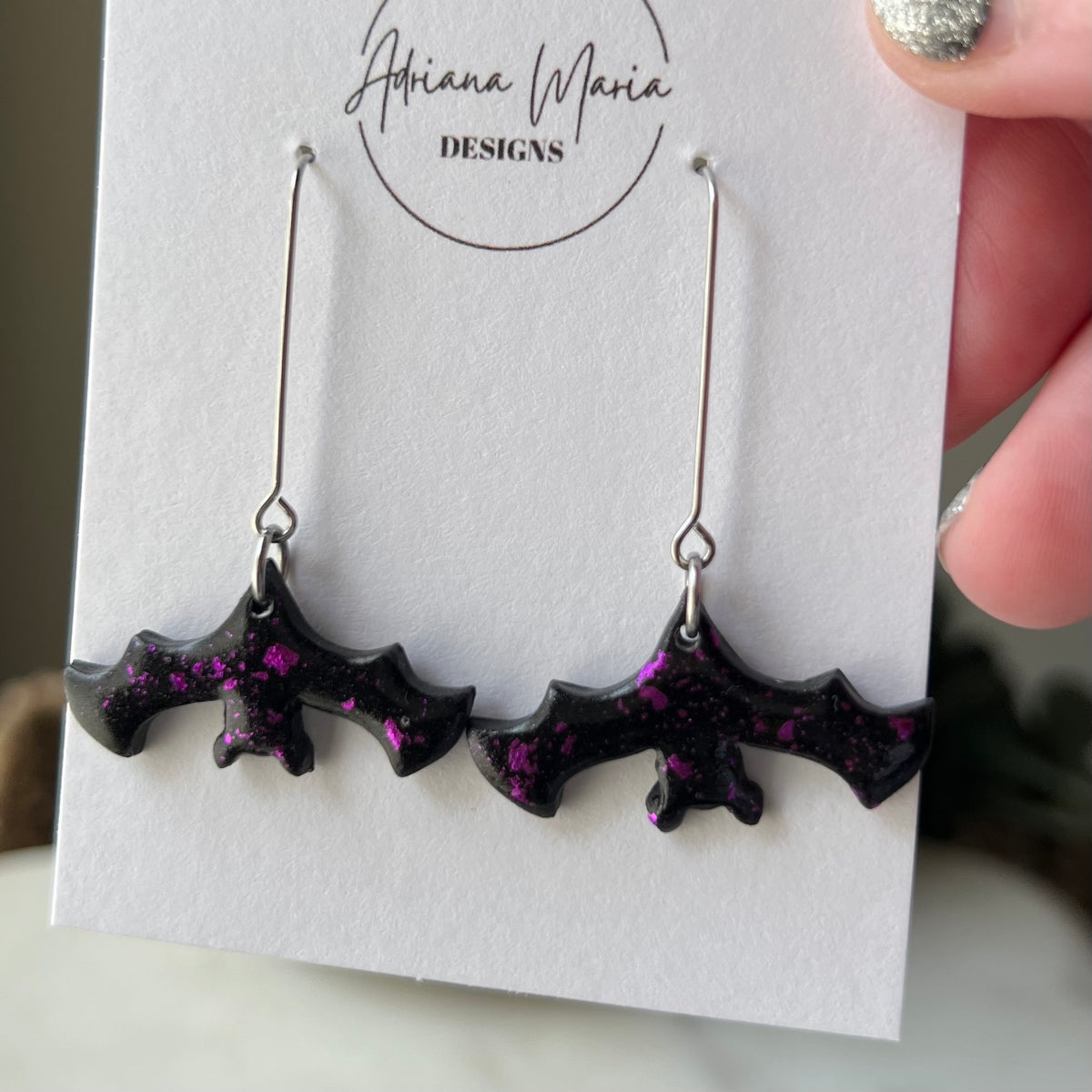 Black & Purple Bats Polymer Clay Dangle Earrings
