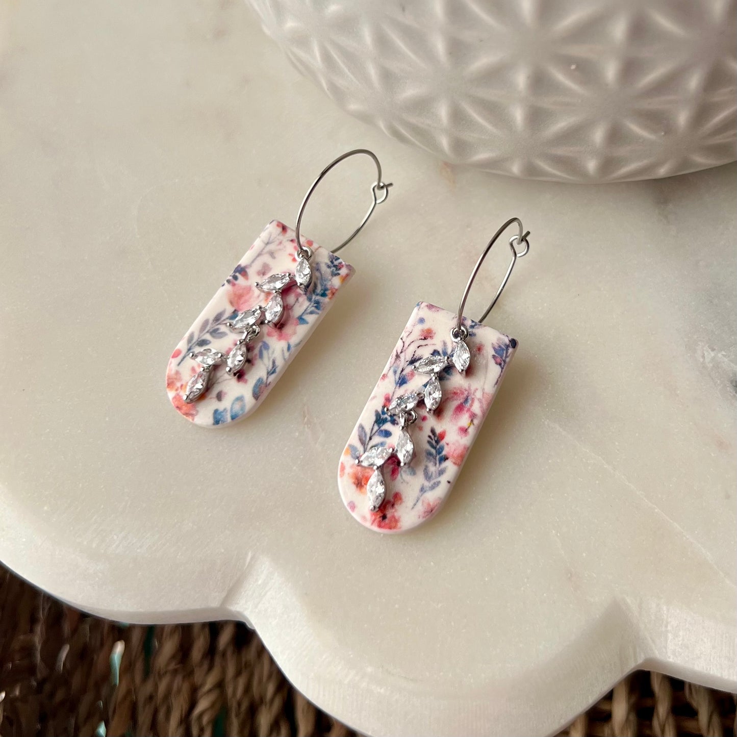 Wildflower Bloom Arch Polymer Clay Earrings with Cubic Zirconia Vine | Silver