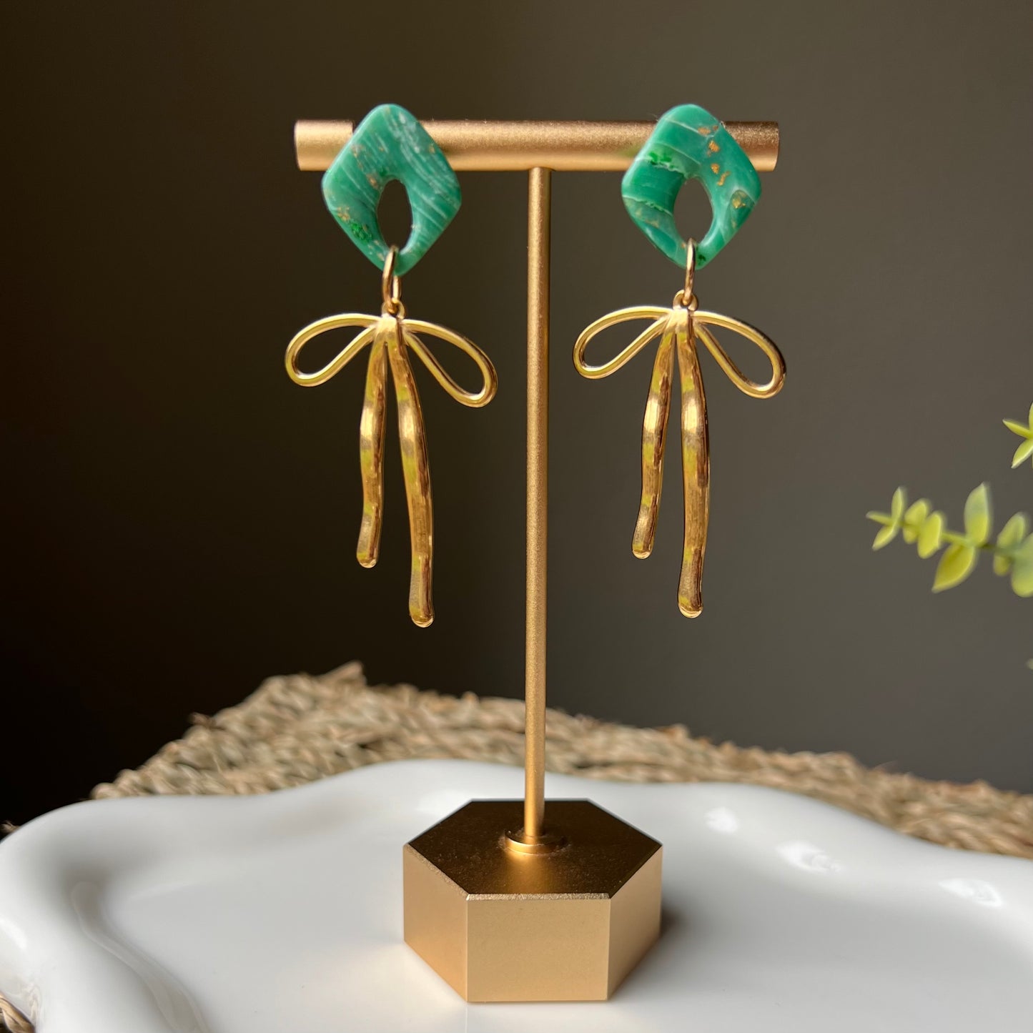 Emerald Green Marbled Clay & Bow Clay Earrings