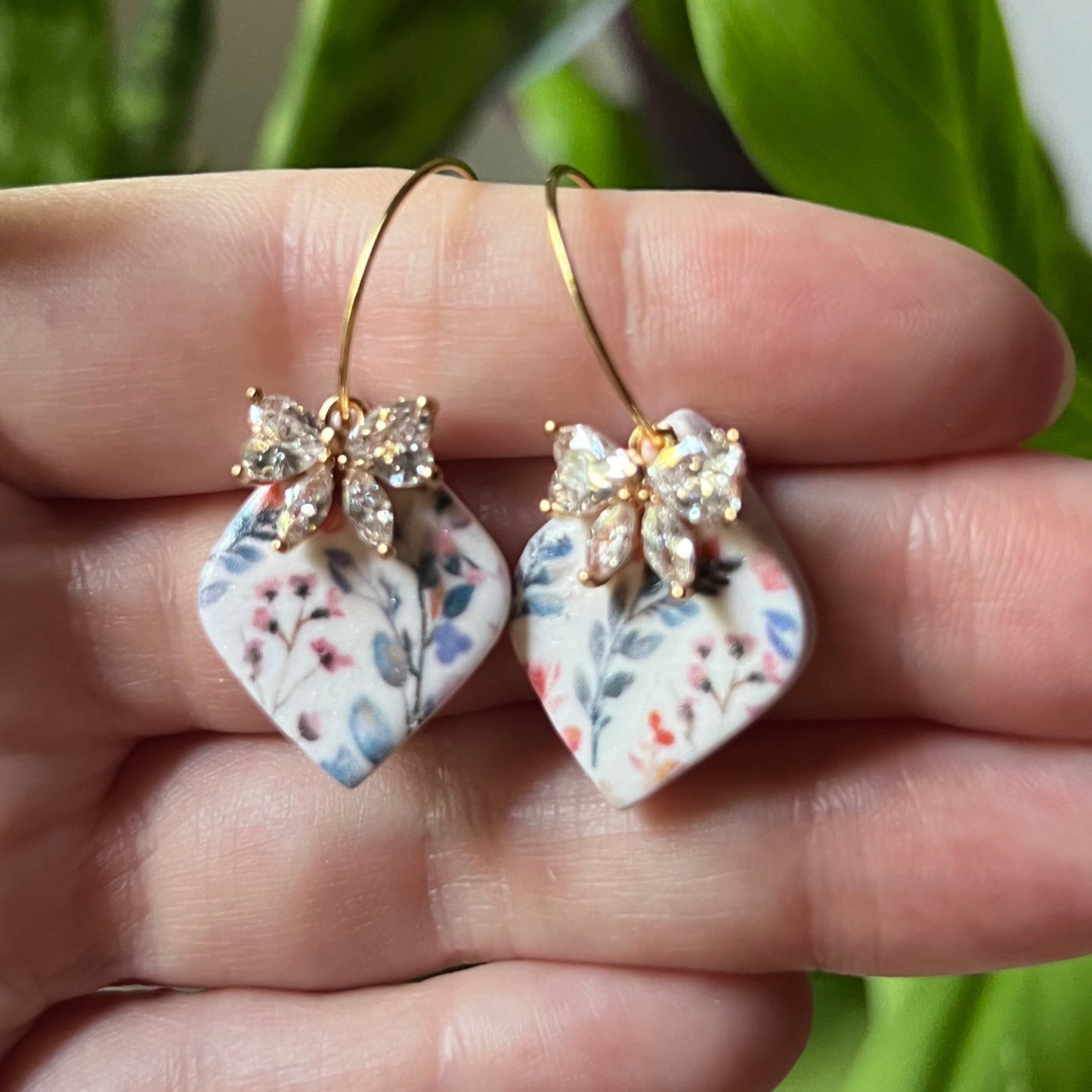 Wildflower Bloom Polymer Clay Earrings with Cubic Zirconia Bow | Gold