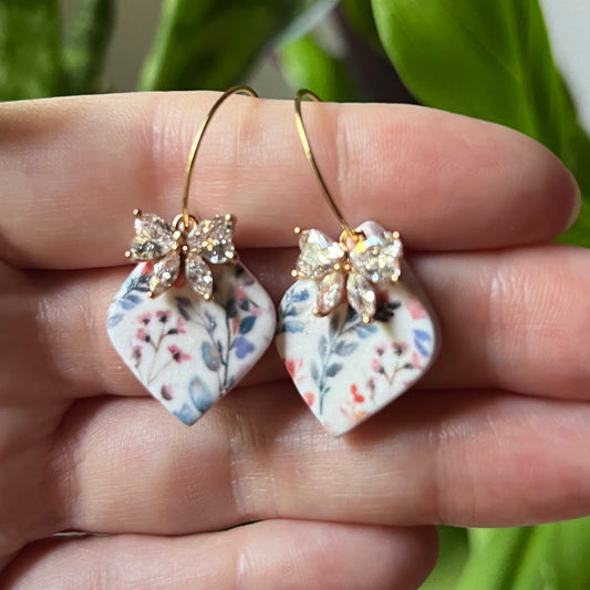 Wildflower Bloom Polymer Clay Earrings with Cubic Zirconia Bow | Gold