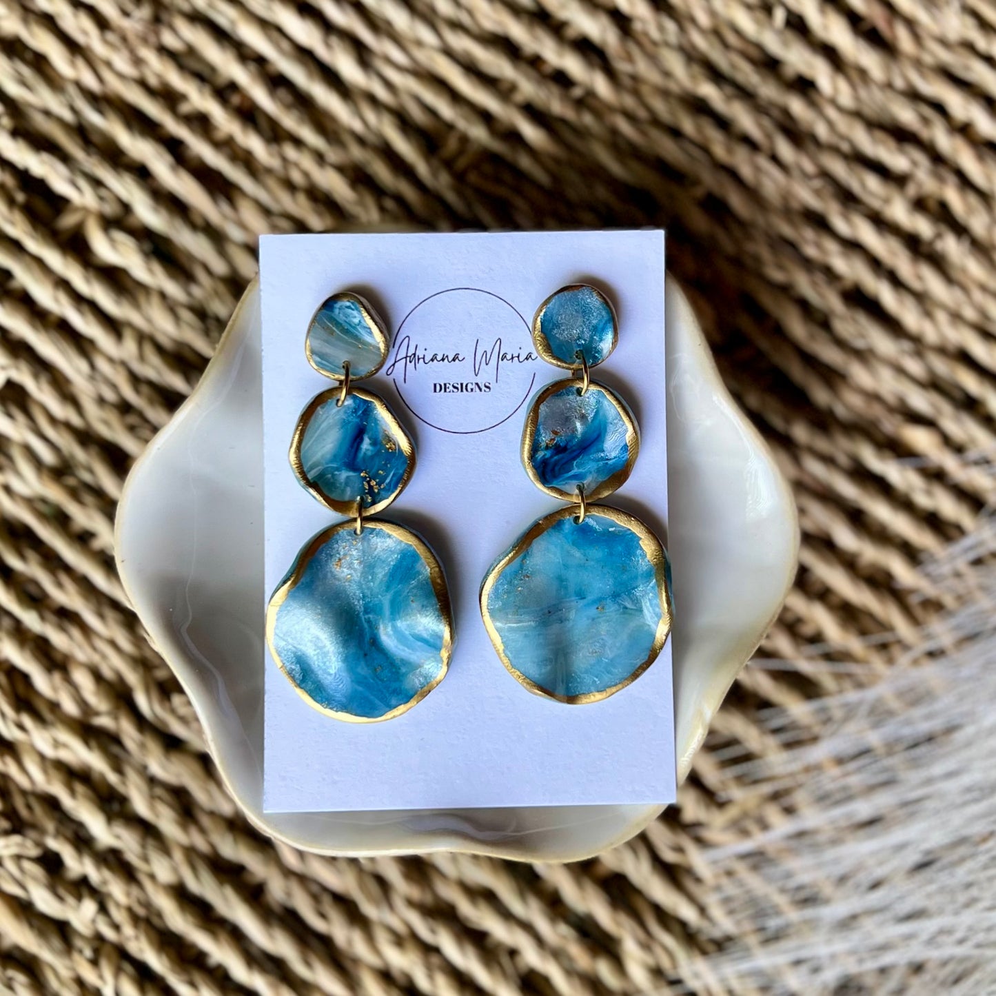 The Marina – Ocean Blue Marbled Polymer Clay Earrings | Gold Edge Statement Dangles