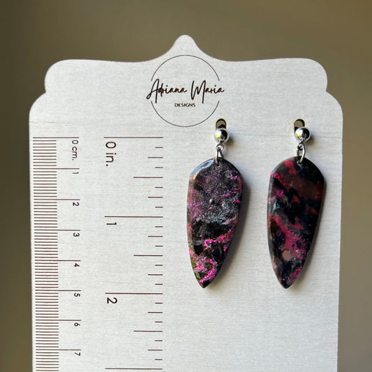 Polymer Clay Earrings - Black & Purple Marbled Dagger Lightweight Dangles