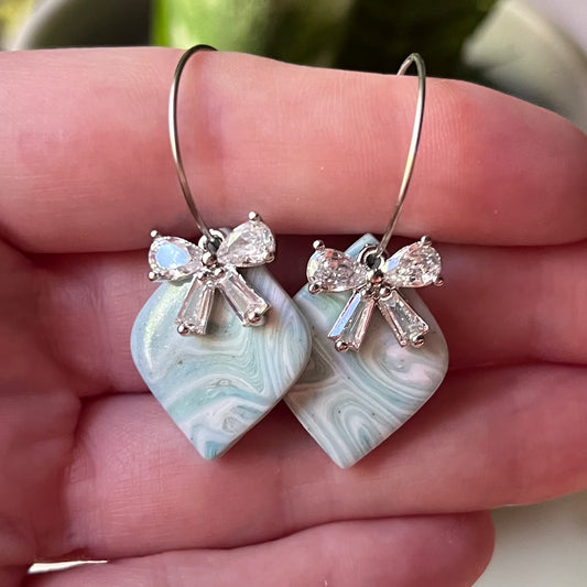 Soft Blue Seafoam Marbled Polymer Clay Earrings with CZ Bow