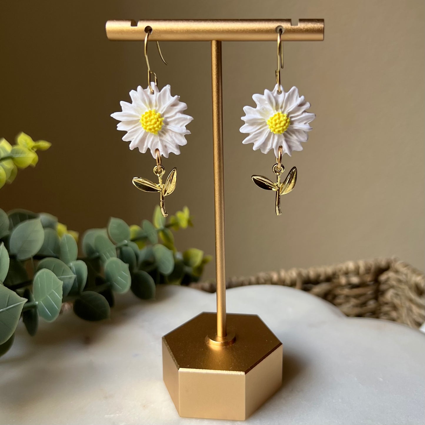 Spring White Daisy Flower Polymer Clay Earrings with gold stem, lightweight dangles