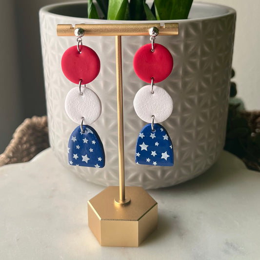 American Red, White, Blue & White Star Polymer Clay Dangle Earrings, Patriotic Jewelry