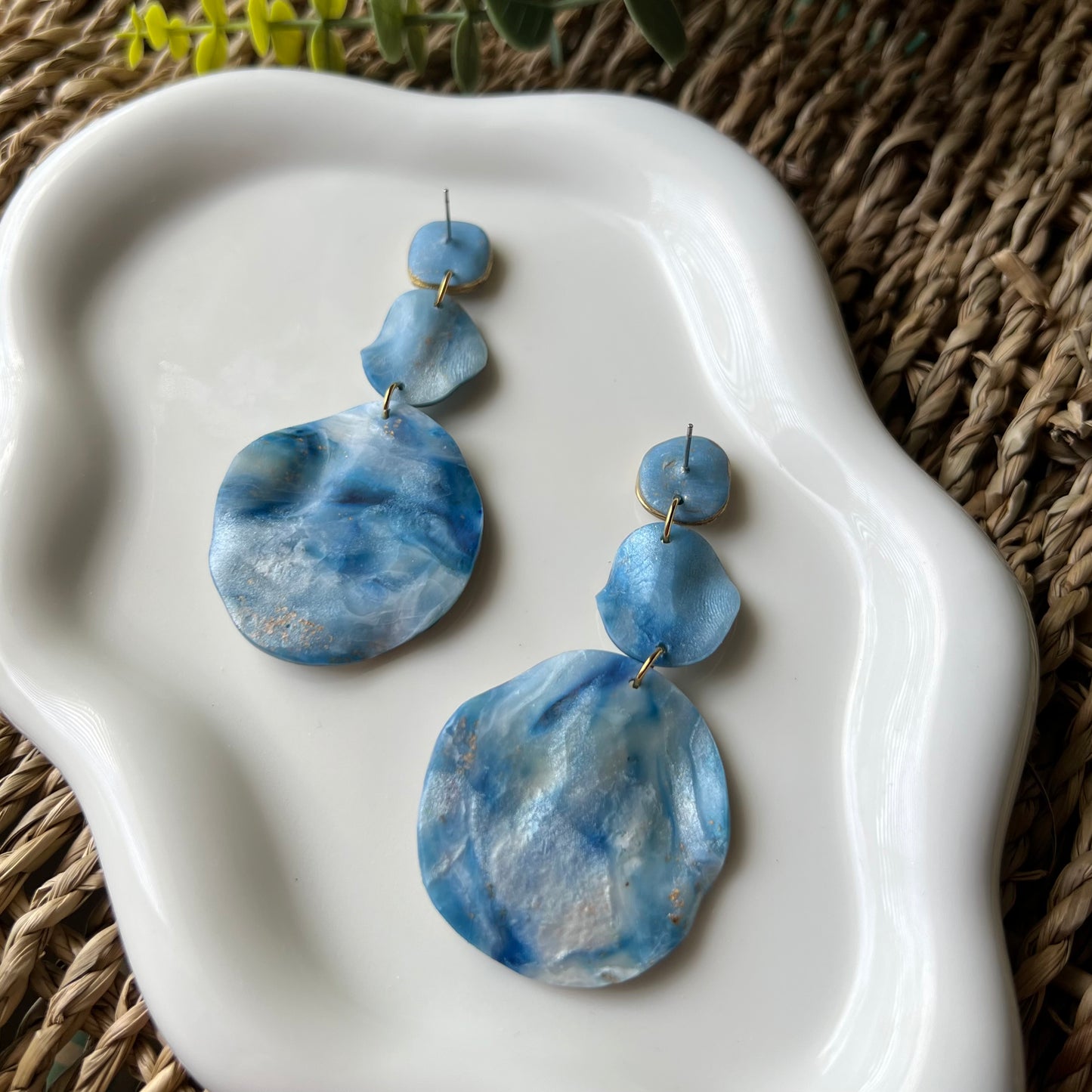 The Catalina – Ocean Blue Marbled Polymer Clay Earrings | Gold Edge Statement Dangles