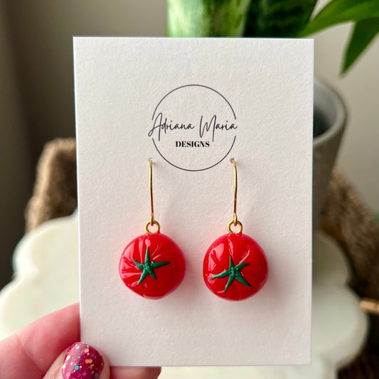 Red Beefsteak Tomatoes Polymer Clay Dangle Earrings, Miniature Food, Whimsical Kitsch