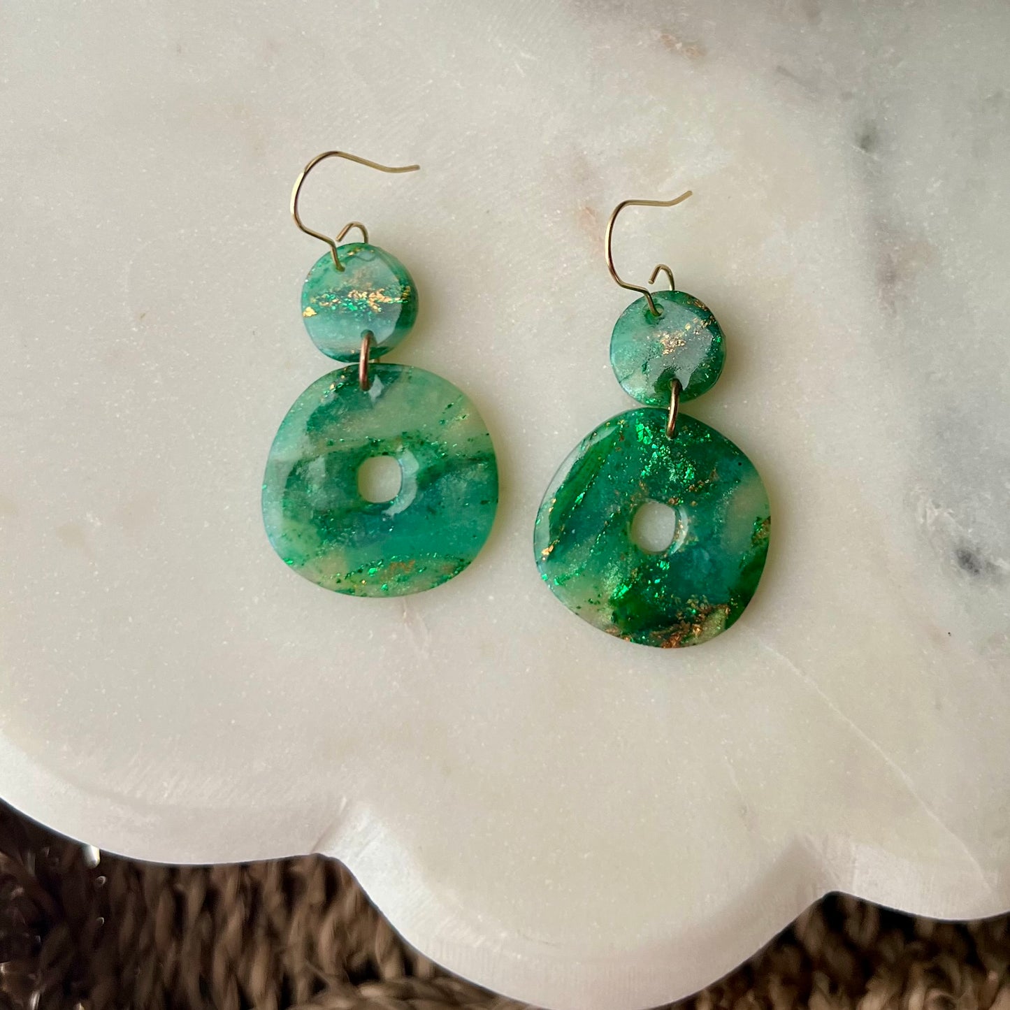 Polymer Clay Earrings - Green & Gold Marbled Organic Circle Lightweight Dangles