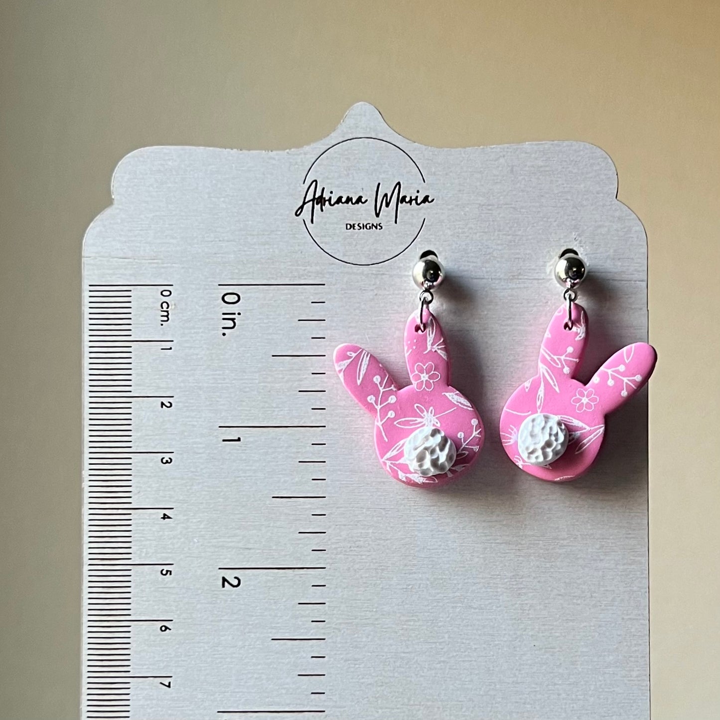 Pink Pastel Floral Print Bunny Polymer Clay Dangle Earrings