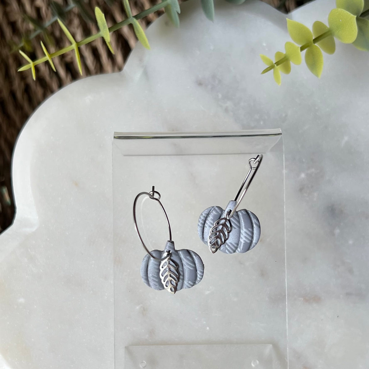 Gray Plaid Pumpkin Hoops with Silver Leaf Charms - Polymer Clay Earrings