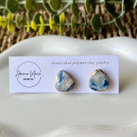 Ocean Blue Marbled Polymer Clay Stud Earrings