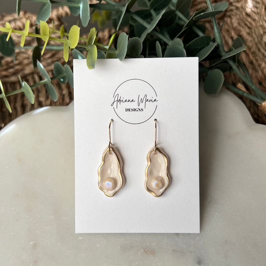 Dainty Oyster Shell and Pearl Polymer Clay Dangle Earrings, Coastal Jewelry
