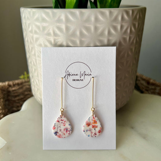 Wildflower & Pearl White Teardrop Earrings, Lightweight Polymer Clay Dangles