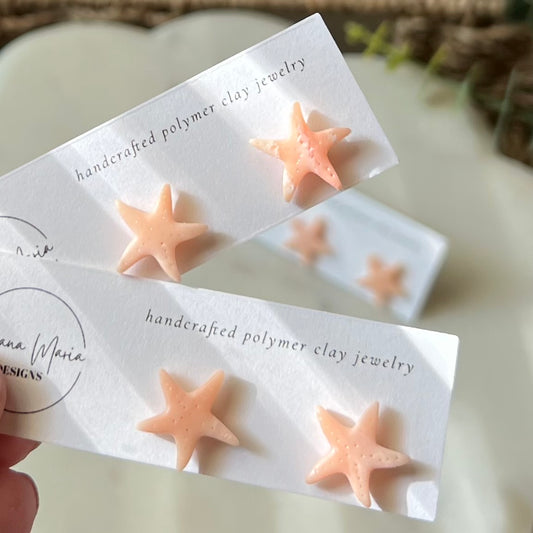 Coral Peach Marbled Starfish Polymer Clay Stud Earrings