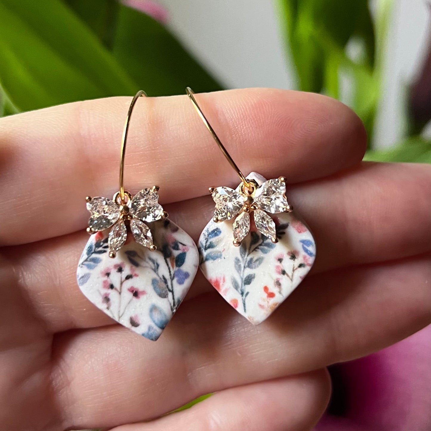 Wildflower Bloom Polymer Clay Earrings with Cubic Zirconia Bow | Gold
