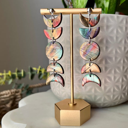Labradorite Eclipse Statement Earrings, Moon Phase Polymer Clay Dangles, Lightweight