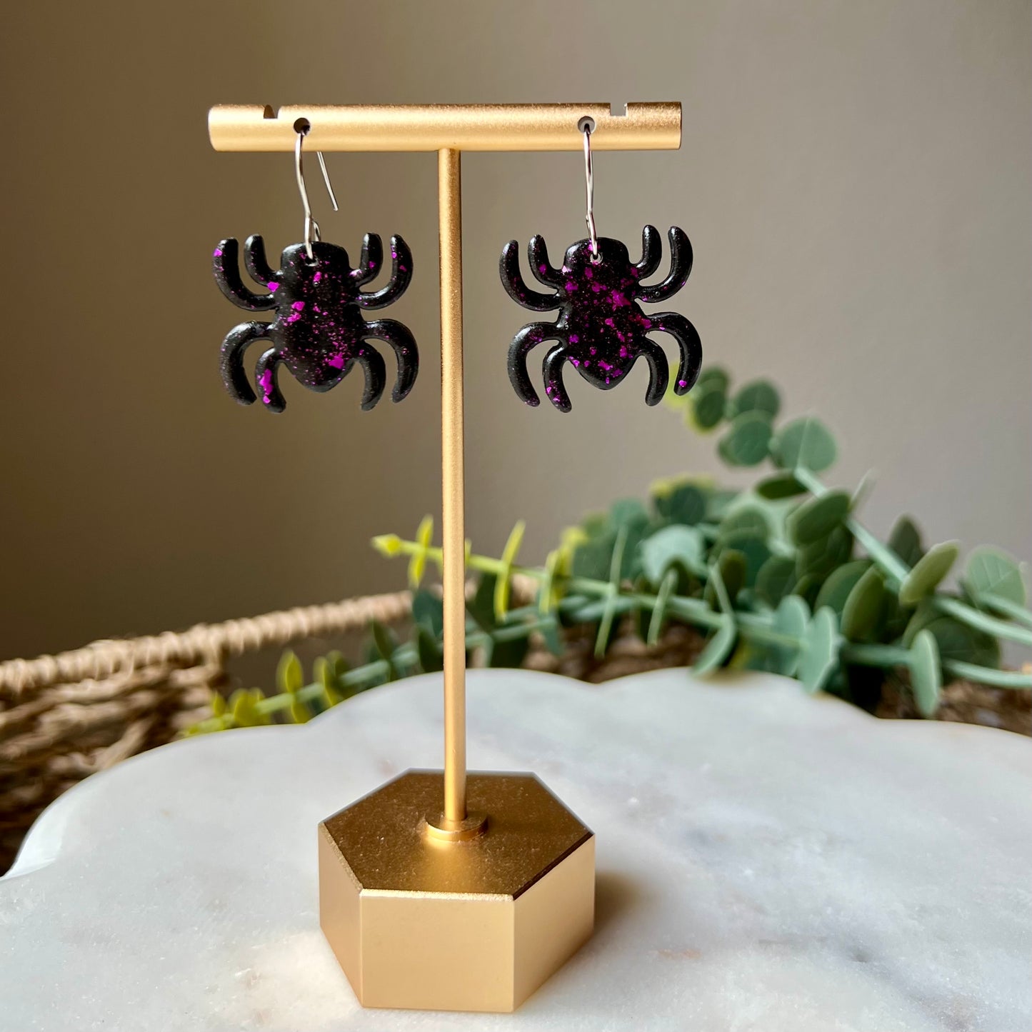 Black & Purple Spider Polymer Clay Dangle Earrings