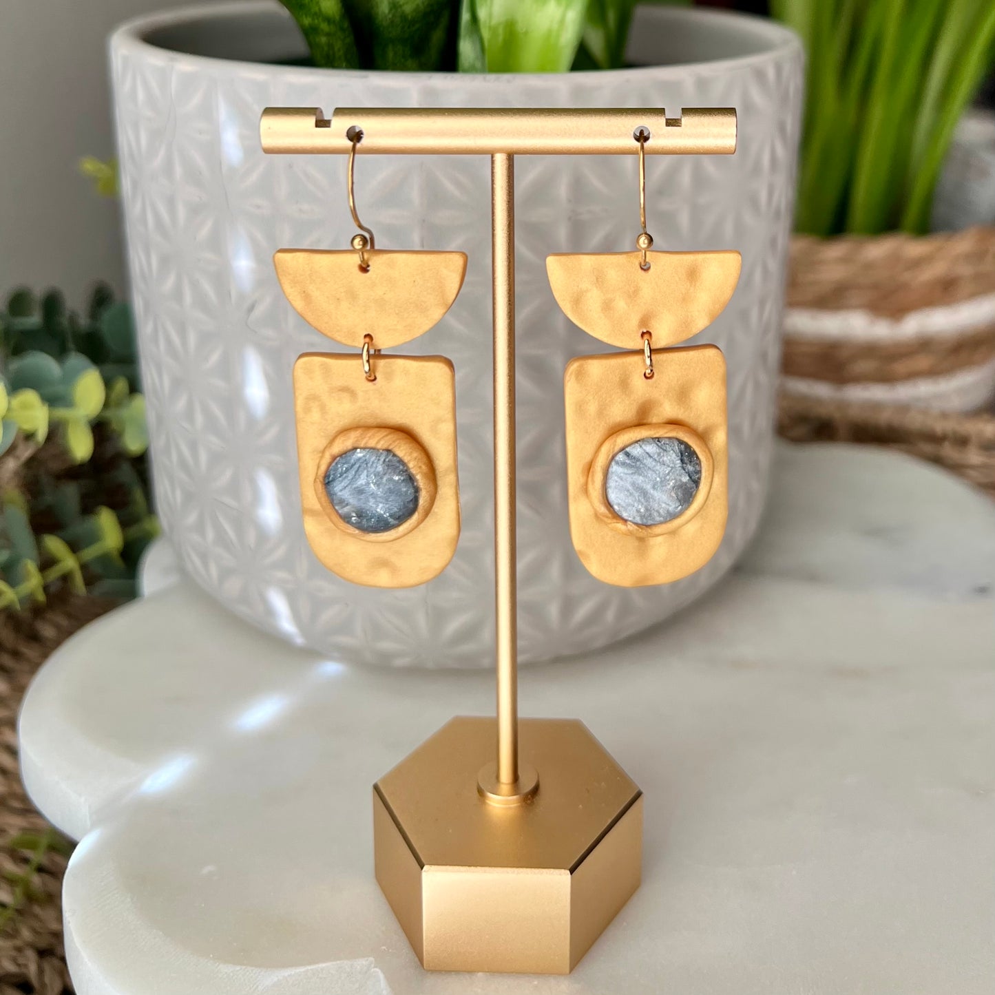 Polymer Clay Earrings - Faux Metal Gold Clay & Silver Marbled Bezel Dangles