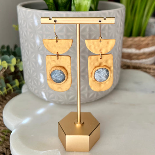 Polymer Clay Earrings - Faux Metal Gold Clay & Silver Marbled Bezel Dangles