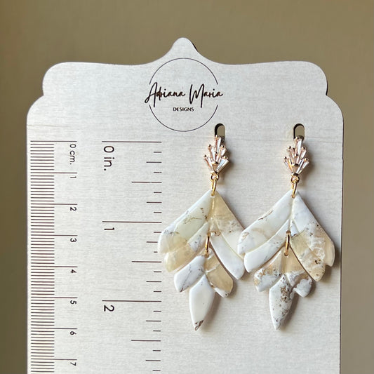 Polymer Clay Earrings - Ivory White Marbled Feather Dangles