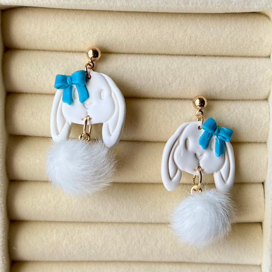 Bunny Face & Pom Pom Polymer Clay Earrings