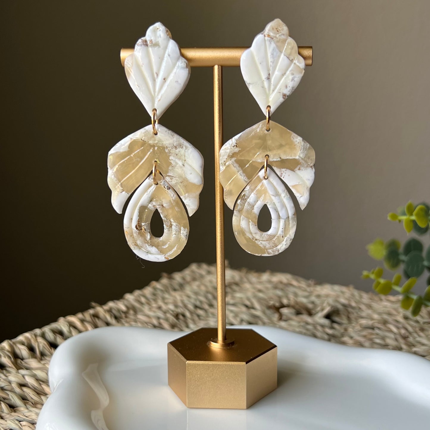 Ivory Marbled Polymer Clay Dangle Earrings