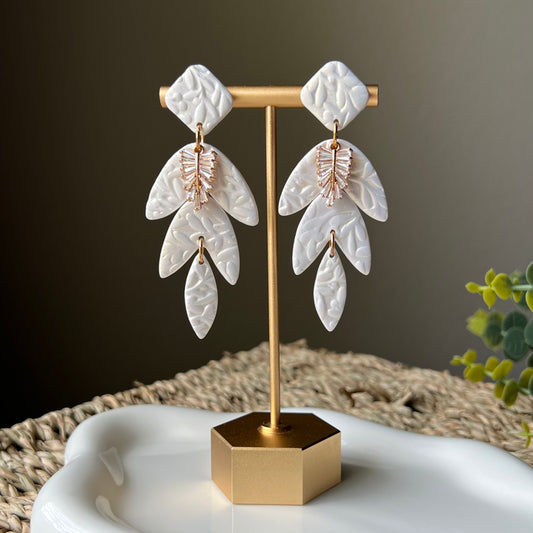 Bridal Collection: Pearly White Floral Textured Foliage Polymer Clay Earrings