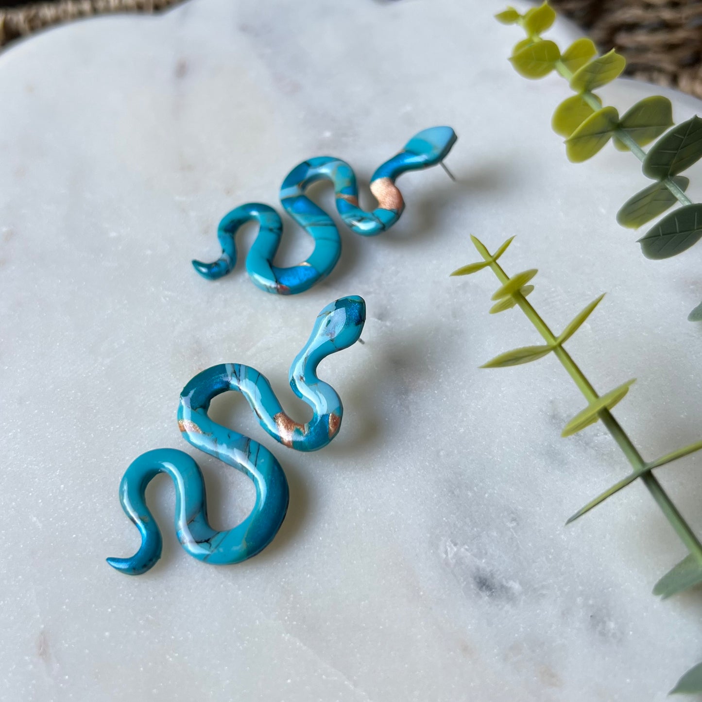 Turquoise Stone inspired Polymer Clay Snake Earrings with Stud Posts, lightweight, western style