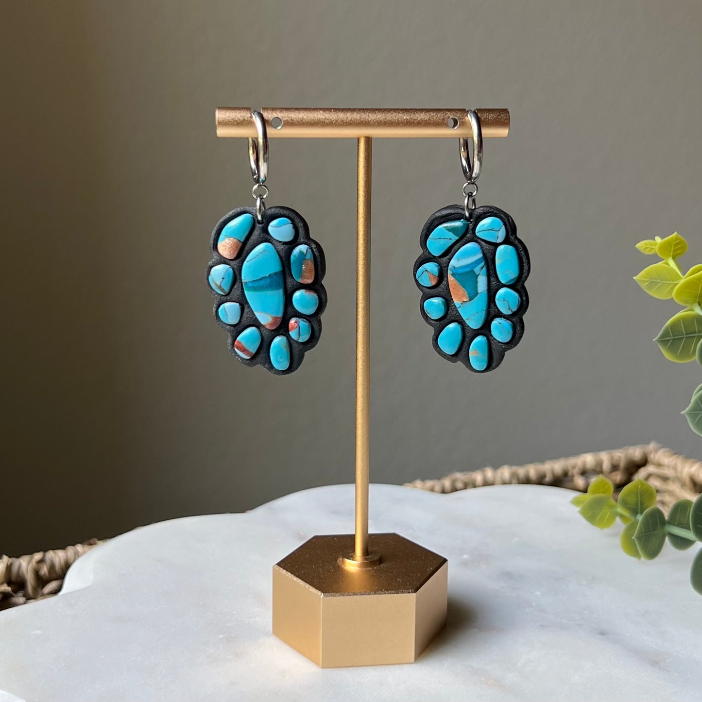 Turquoise Stone inspired Polymer Clay Bezel Statement Earrings, lightweight dangles, western style