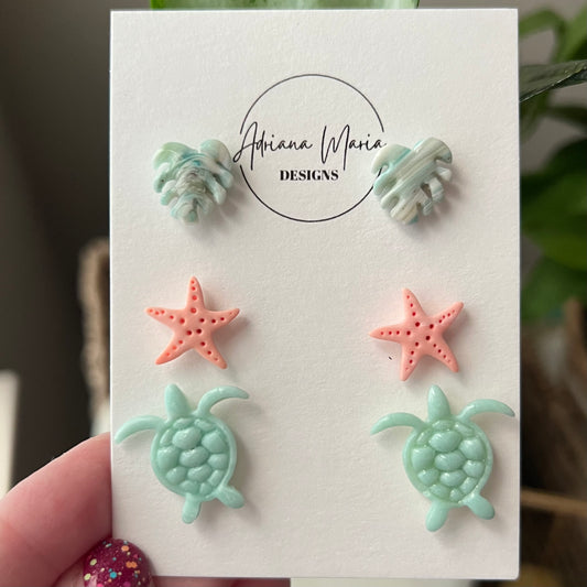 Summer Coastal Beach Stud Pack, Lightweight Polymer Clay Earrings