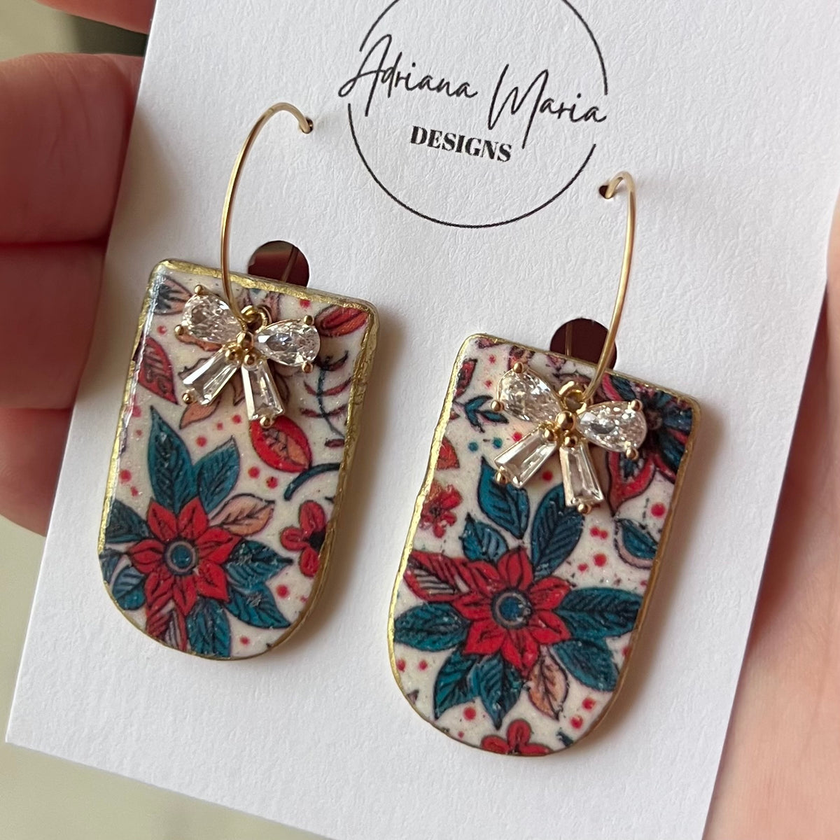 Festive Poinsettia Print Polymer Clay Earrings with CZ Bow Accent