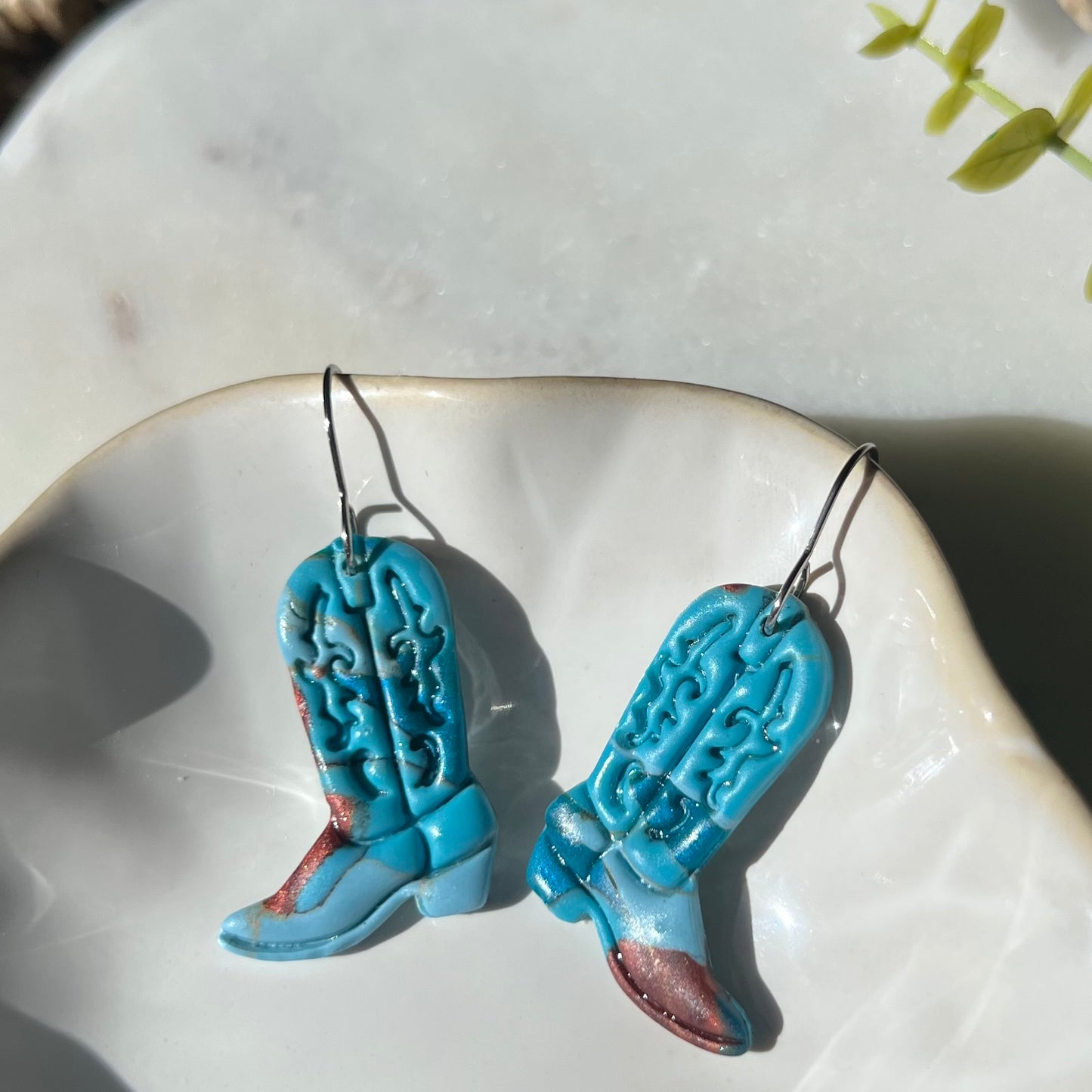 Turquoise Stone inspired Cowboy Boots Polymer Clay Earrings, lightweight dangles, western style
