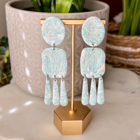 Seafoam Cascade Polymer Clay Earrings, Lightweight Statement Dangles