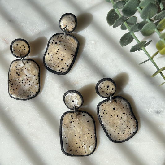 Neutral Marbled Organic Stone Polymer Clay Earrings – Black Speckled Lightweight Statement Dangles