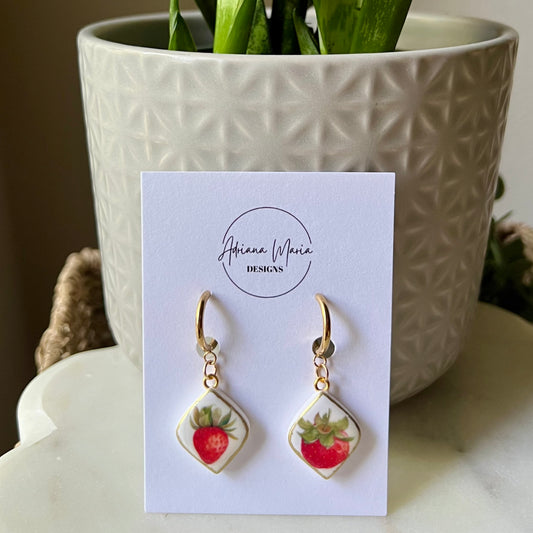 Strawberry Print Charm Polymer Clay Earrings, Huggie Hoops