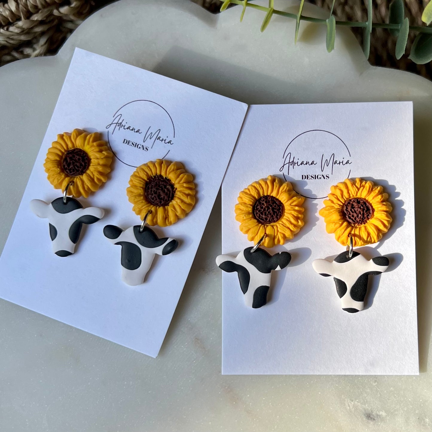 Sunflower Cow Polymer Clay Dangle Earrings