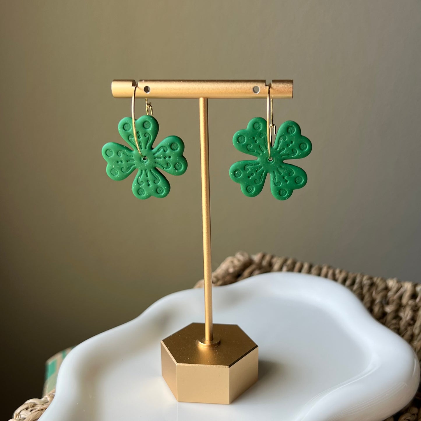 Green Clover Shamrock Polymer Clay Hoop Earrings