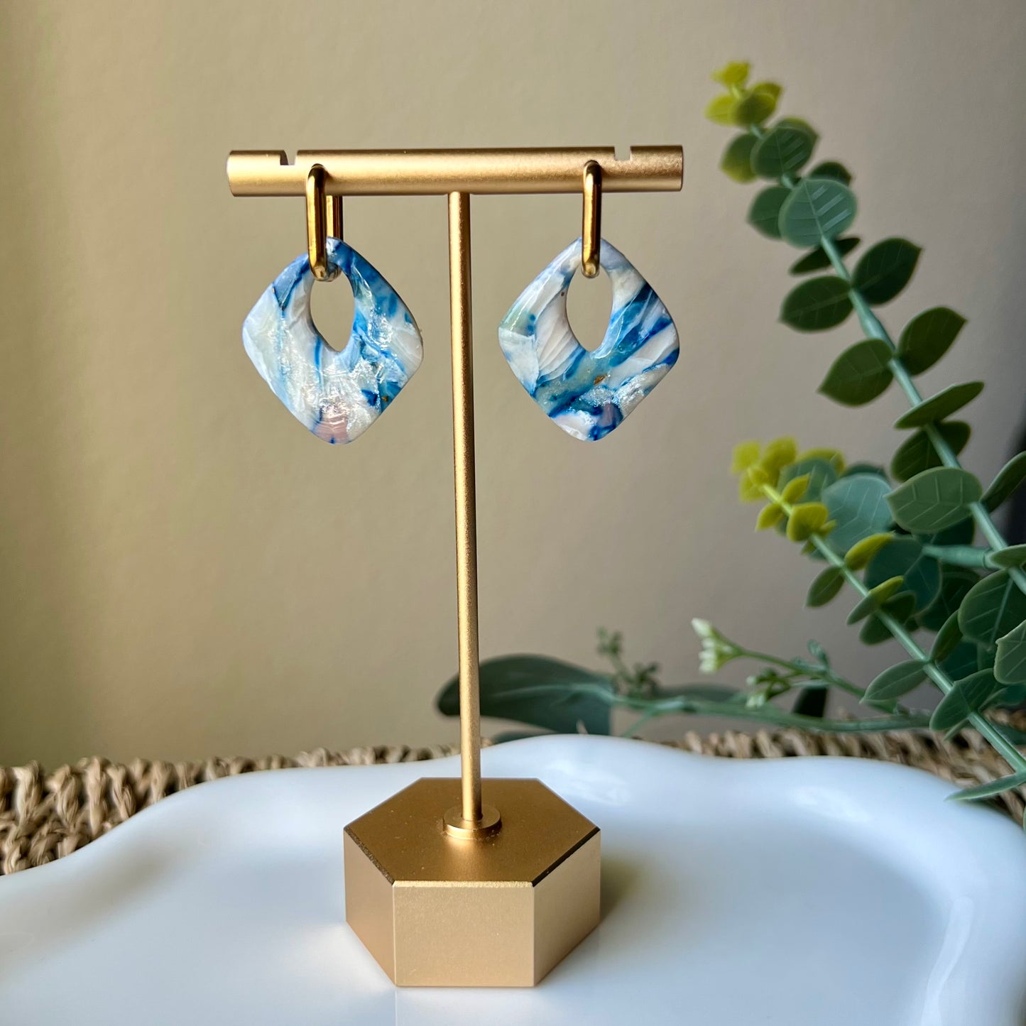 Coastal Blue Marbled Polymer Clay Huggie Hoop Earrings